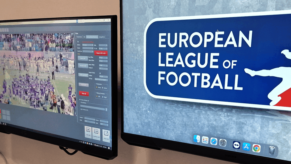 Two screens featuring the European League of Football logo, part of a live stream broadcast with VIZRT Arena software